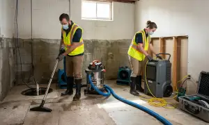 Basement flood cleanup crew in Kansas City, MO removing water after storm damage