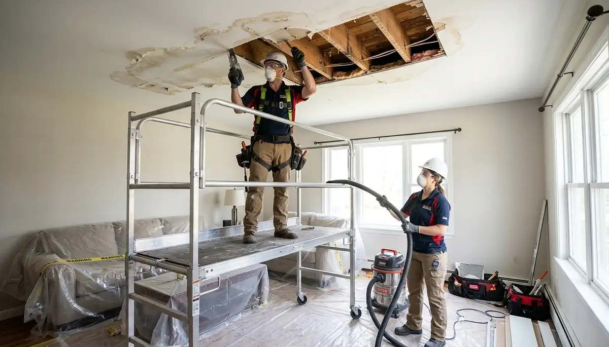 Ceiling water damage repair in Kansas City, MO for a home with moisture-stained drywall