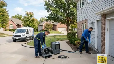 Water damage restoration team in Kansas City, MO, responding to a flooded home with cleanup equipment