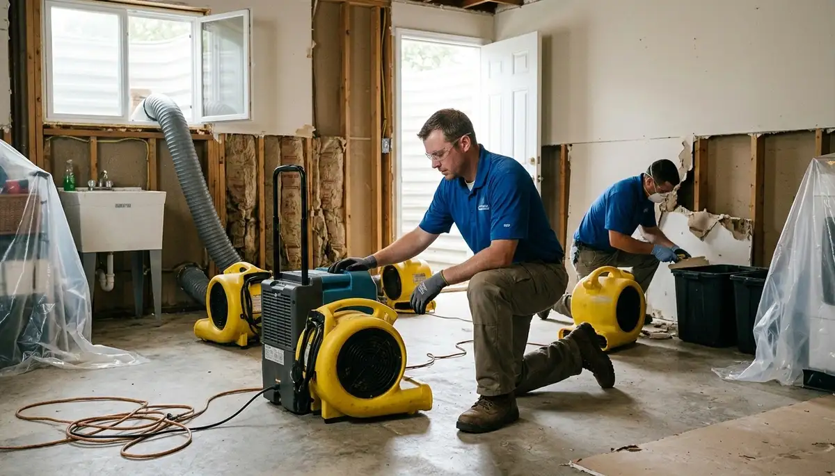 Water damage restoration crew in Kansas City, MO inspecting flooded home and drying equipment